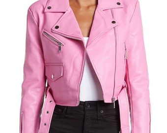 Handmade women's leather jacket lambskin leather jacket, pink leather jacket women cropped jacket, biker jacket women, leather jacket women,