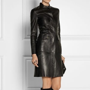 Handmade women&#39;s leather blazer, women&#39;s leather blazer dress, black leather blazer, long blazer for women, mock neck leather blazer dress