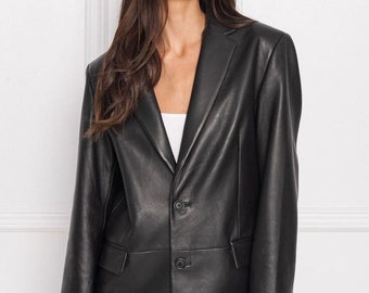 Handmade Oversized Lambskin Leather Blazer, Women's Formal Style Coat