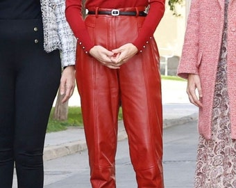 ハンドメイドレディースラムスキンレザーパンツ、レッドレザーパンツ