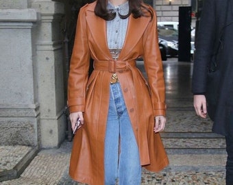 Handmade women's leather coat, leather trench coat women, Tan leather coat, single breasted leather trench coat, long leather coat women,
