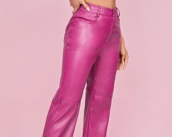 High Waist Pink Leather Pants, Women's Real Lambskin Trousers,