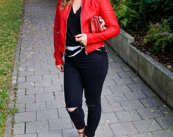 Handmade women's leather red jacket