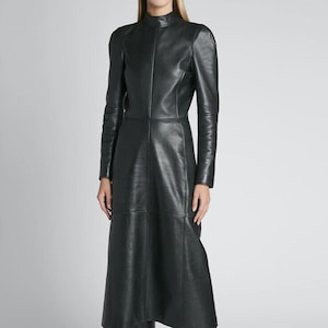 Handmade women&#39;s leather dress, leather pencil dress, high neck leather dress, leather long dress, black leather dress, leather midi dress