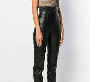Handmade High Waist Lambskin Leather Pants, Women's Trousers,