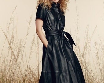 leather a line midi dress Women's Something to Behold Black Faux Leather Short Sleeve Belted Midi Dress | Size: S