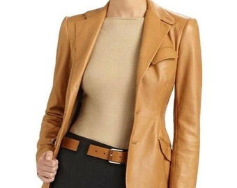 Customizable Tan Leather Blazer, Women's Lambskin Blazer