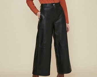 Handmade Wide Leg Lambskin Leather Trousers, High Waist