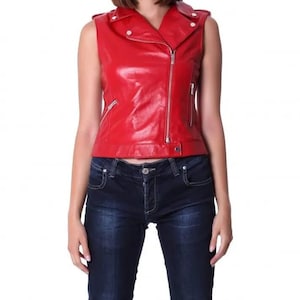 Handmade women&#39;s leather jacket lamb leather jacket, red leather jacket women sleeveless jacket, biker jacket women, leather jacket women