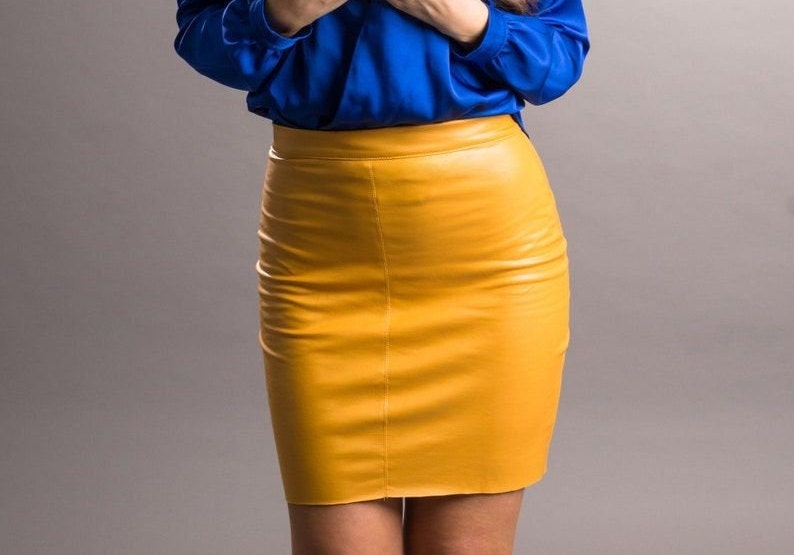 Mustard leather top skirt outfit