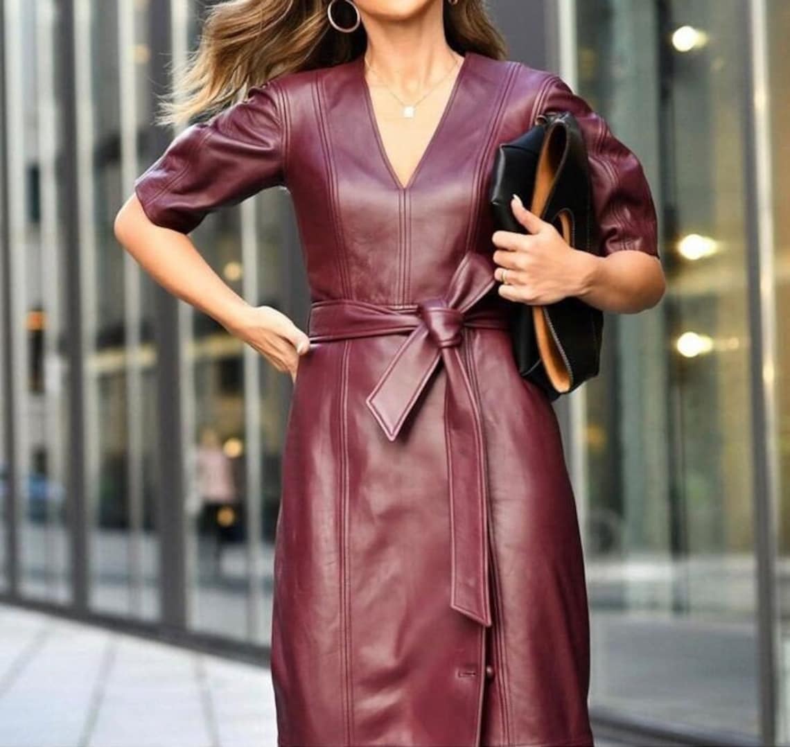 Handmade Women's Leather Dress, Leather Midi Dress, V Neck Leather