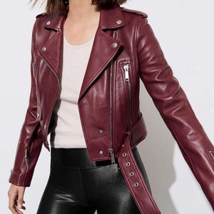 Handmade women&#39;s leather jacket lambskin leather jacket, burgundy leather jacket, cropped jacket, biker jacket women, leather jacket women