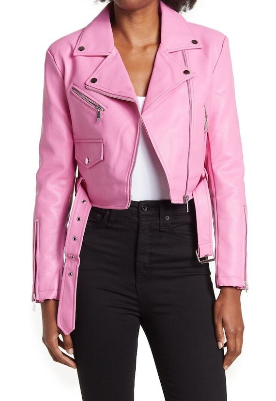 Handmade women's leather jacket lambskin leather jacket, pink leather jacket women cropped jacket, biker jacket women, leather jacket women