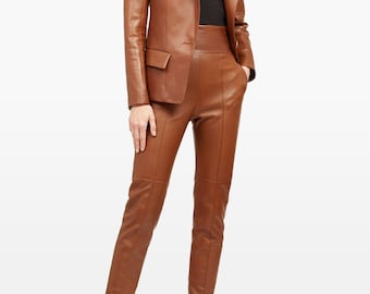 Handmade High Waist Leather Pants, Women's Brown Trousers, leather pants brown, High waisted leather trousers, formal pant women's,