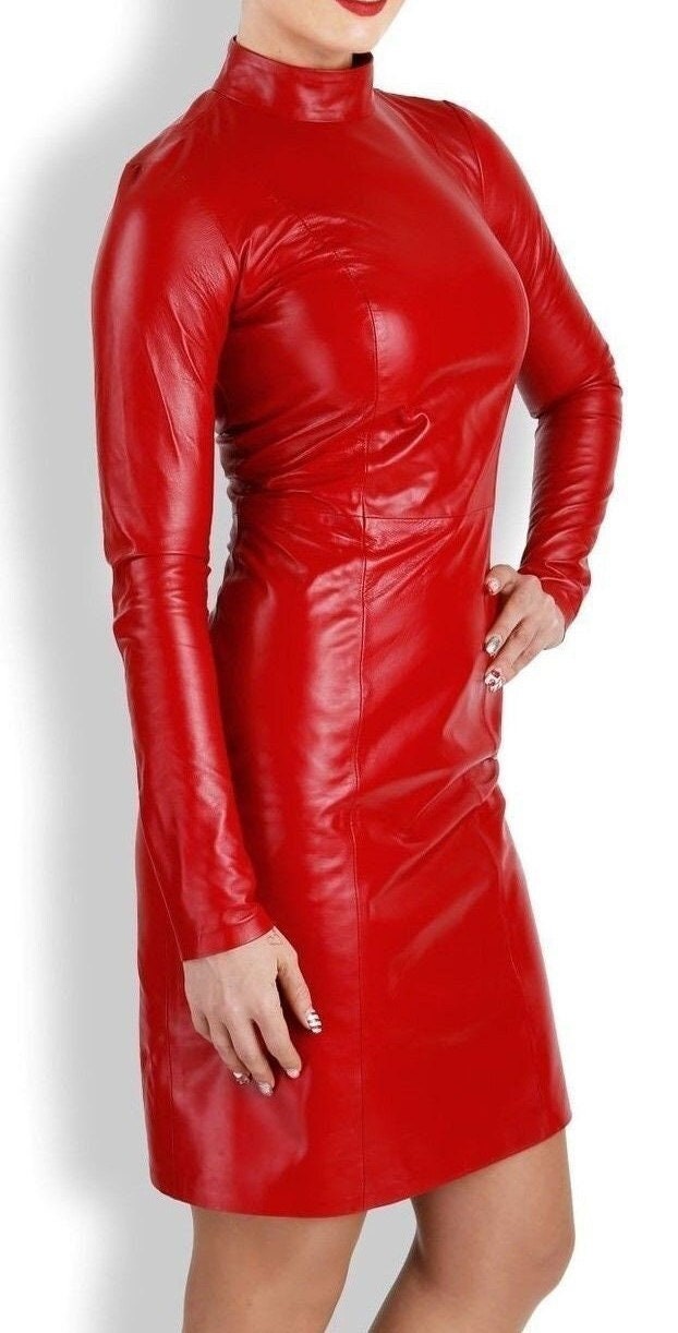 HOT! Women's Leather Dress, Leather Mini Dress, High Neck Leather Mini Dress,  Long Sleeve Leather Dress, Red Leather Dress, Red Mini Dress, - Etsy