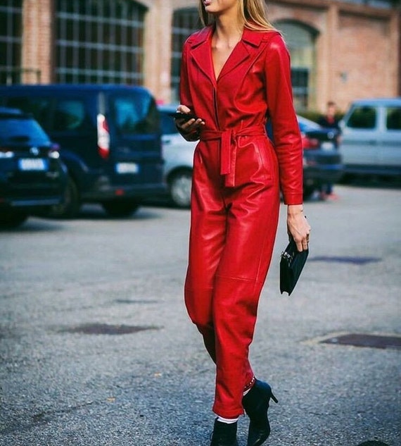 レディースレザージャンプスーツ、レッドレザージャンプスーツ、本革