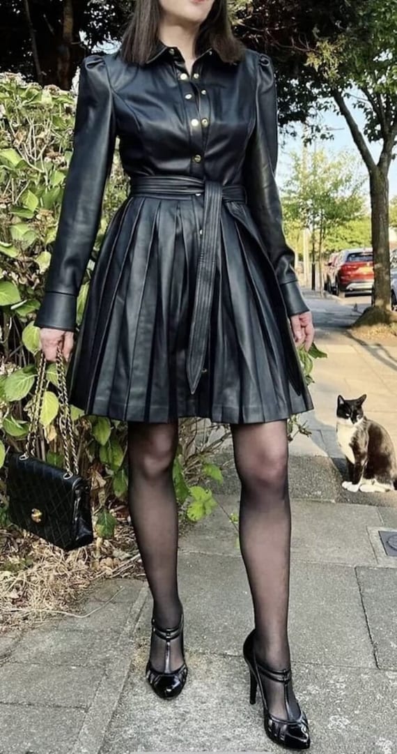 Handmade Lambskin Leather Flare Dress, Long Sleeve Pleated Cocktail Mini  Dress - Etsy Israel