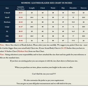 May include: A size chart for women's leather blazers in inches. The chart lists sizes from X-Small to 3XL and includes measurements for chest, waist, hip, shoulder, and sleeves.