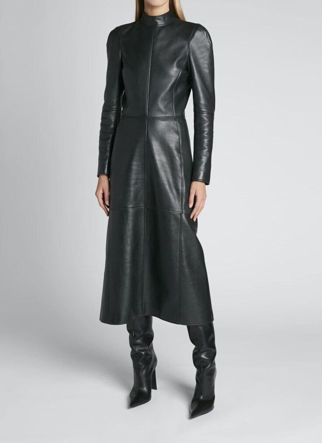 Handmade Women's Leather Dress, Leather Pencil Dress, High Neck Leather