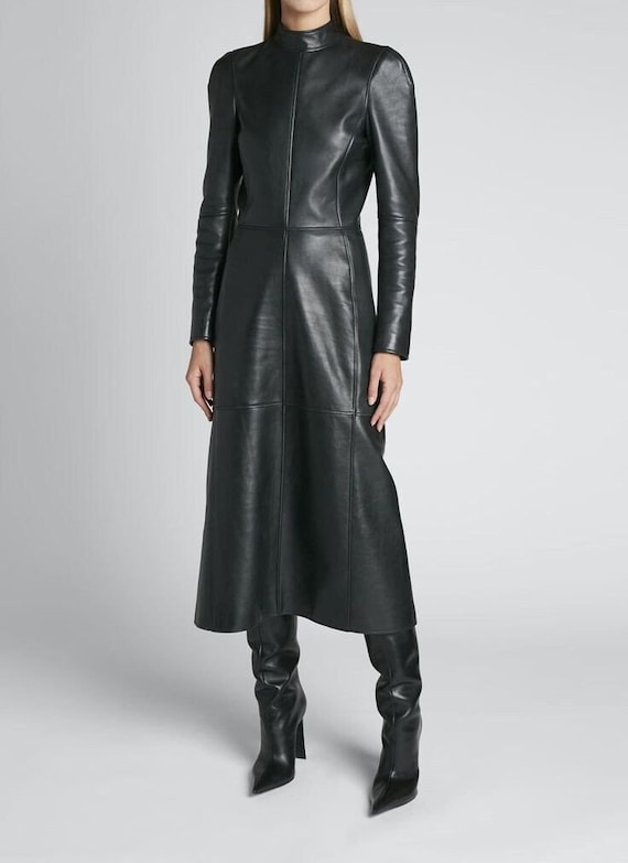 Handmade Black Lambskin Leather Midi Dress, High Neck, Custom Fit Women's Dress, Women's Long Dress