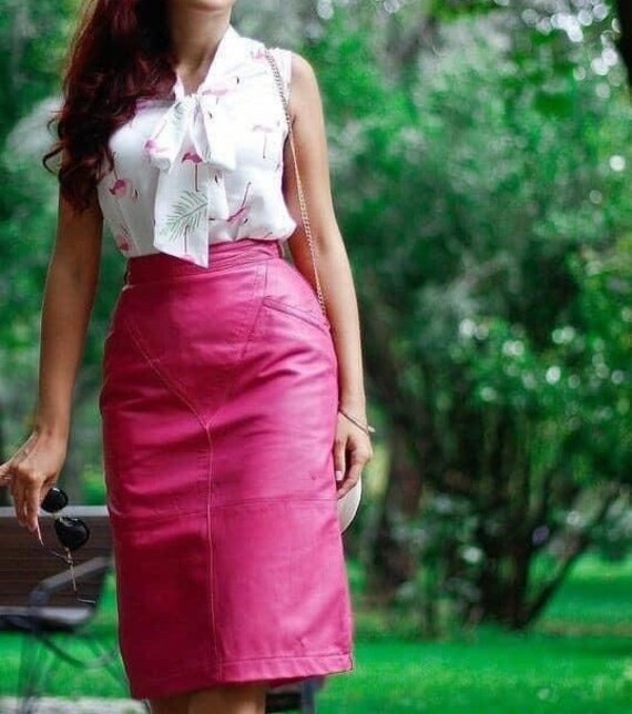 Hot pink leather 2025 midi skirt