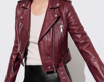 Handmade women's leather cropped burgundy jacket, burgundy leather jacket, custom leather jacket, biker jacket, mini jacket burgundy