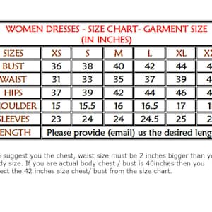 May include: A size chart for women's dresses, showing measurements in inches for bust, waist, hips, shoulder, sleeves, and length. The chart includes sizes XS, S, M, L, XL, and XXL.