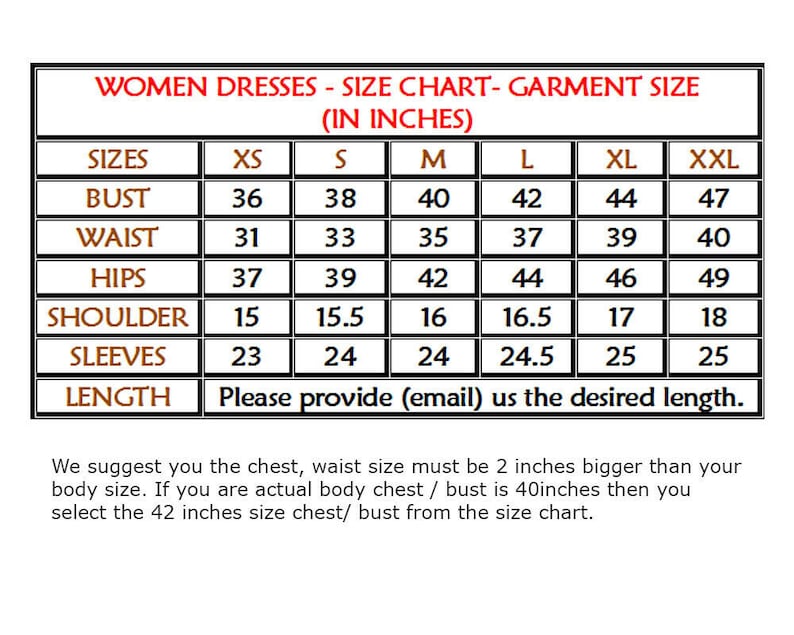 May include: A size chart for women's dresses, showing measurements in inches for bust, waist, hips, shoulder, sleeves, and length. The chart includes sizes XS, S, M, L, XL, and XXL.
