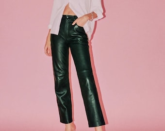 Pantalones de piel de cordero hechos a mano, pantalones negros para mujer,