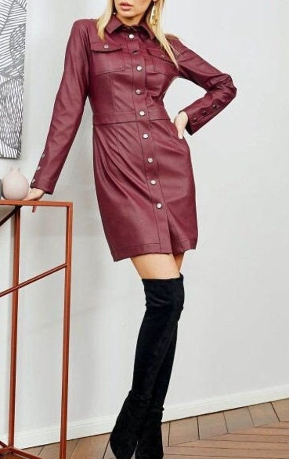 Burgundy Leather Mini Dress, Long Sleeve Button Up, Custom Made - Etsy Israel Burgundy Leather Mini Dress, Long Sleeve Button Up, Custom Made - Etsy Israel