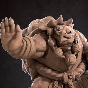 以下が含まれることがあります： 右手に杖を持った、茶色の亀のような生き物。生き物はローブを着ており、大きく丸い頭と尖った鼻をしています。生き物は灰色の背景に立っています。