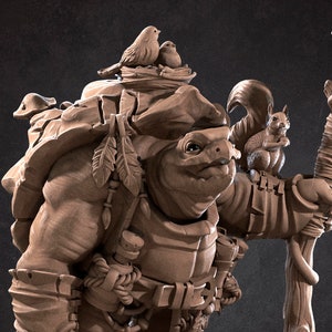 May include: A brown, turtle-like creature with a staff, a lantern, and small animals on its back. The creature is wearing a belt and has a backpack. The figure is standing on a base with a tree stump.