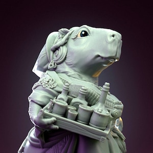 May include: A gray 3D printed miniature of a capybara wearing a dress and carrying a tray of bottles and cups. The miniature is 32 mm and 60 mm and is pre-supported.