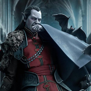 May include: A vampire in a dark red and black robe with a fur collar stands in a gothic cathedral setting. He is surrounded by bats and has a serious expression on his face.