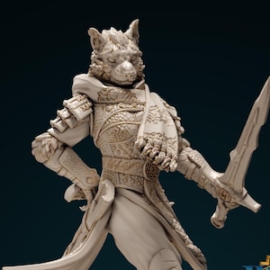 May include: A white painted figurine of a wolf-like creature wearing armour and holding a sword. The figurine is standing on a white base. The text "DND IS A WOMAN" is visible in the background.
