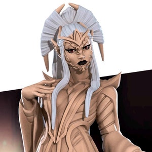 May include: A white-skinned, white-haired female figure with pointed ears and a crown-like headpiece. She is wearing a long, flowing, beige gown with intricate details. The background is a blurred image of a fantasy landscape.