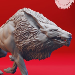May include: A gray, 3D printed miniature of a wolf-like creature with a mane of fur. The creature is posed in a running stance with its mouth open and teeth bared. The miniature is approximately 33mm tall.