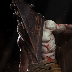 May include: A dark and gritty figure with a large, triangular head and a sharp, pointed weapon. The figure is wearing a brown, tattered outfit and is standing in a dark, shadowy environment. The text "NOMNOM FIGURES PRESENTS... SILENT HILL" is displayed at the bottom of the image.