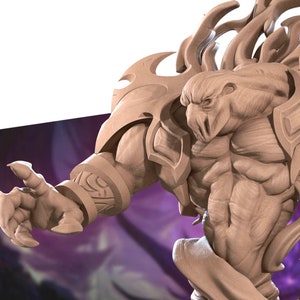 May include: A detailed, 3D printed miniature of a monstrous creature with a skeletal, bony exterior and a swirling, ethereal base. The creature has a fierce expression and appears to be made of stone.