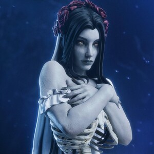 May include: A digital art piece of a woman with pale skin, long black hair, and a red rose crown. Her torso reveals a skeleton and internal organs, and she wears a white draped gown. The background is a dark blue with faint stars.