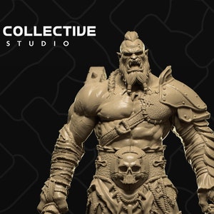 May include: A detailed, hand-painted miniature of an Orc warrior, holding a large axe and a helmet. The figure is sculpted in a dynamic pose, with a fierce expression on its face. The miniature is painted in shades of brown and green, with metallic accents.