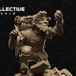 May include: A brown, detailed miniature figurine of a goblin riding a steampunk-style vehicle. The goblin is holding a wrench and has a determined expression on its face. The vehicle has a large, round wheel and a variety of pipes and gears.