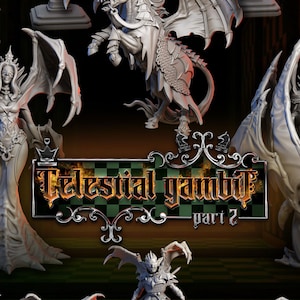May include: A collection of detailed, gray fantasy figurines, including winged creatures, statues, and figures with swords and shields. The text "Celestial Gambit part 2" and "Great Grimoire" are visible.