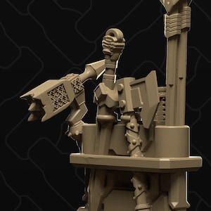 May include: A 3D printed weapon rack with a variety of weapons, including a sword, a spear, and a shield. The rack is made of a light brown plastic and has a textured surface. The rack is designed to hold weapons in a vertical position. The rack is labeled "WEAPON RACK".