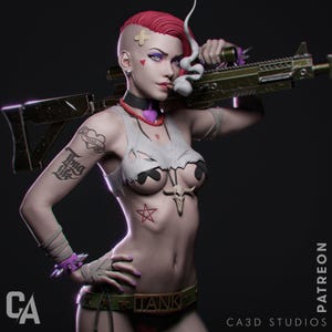 May include: A 3D rendered figure of a woman with red hair and tattoos, holding a rifle. She wears a torn white top, a choker, and a belt with the word "TANK". The figure has a stern expression and is set against a dark background.
