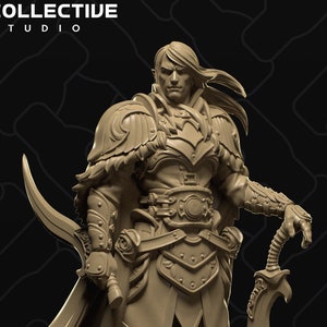 May include: A detailed miniature figurine of a warrior with long hair, wearing armor and holding two swords. The figurine is painted in a light brown color and stands on a circular base.