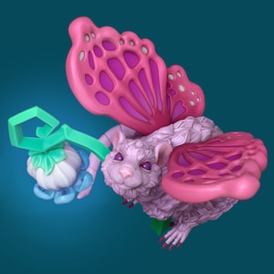 May include: A pink and purple fuzzy creature with butterfly wings holding a green and blue flower. The creature has a pink nose and large eyes.