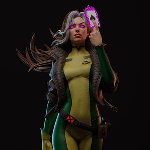 May include: A detailed figurine of a character with brown hair and a white streak, wearing a yellow and green bodysuit with a brown quilted jacket. The figure has glowing purple eyes and holds a playing card surrounded by purple energy flames.