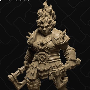 May include: A miniature figurine of a female warrior with fiery orange hair, wearing armour and holding a weapon. The figurine is made of a light brown material and is standing on a round base.