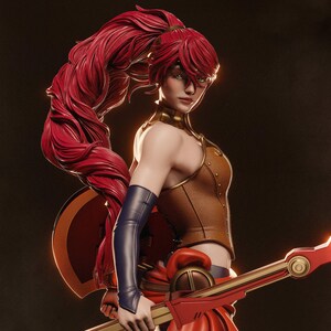 May include: A detailed figurine of a female character with long, flowing red hair pulled back in a high ponytail. She wears a brown leather-like corset, blue arm sleeves, and a red skirt. She holds a red weapon with gold accents.